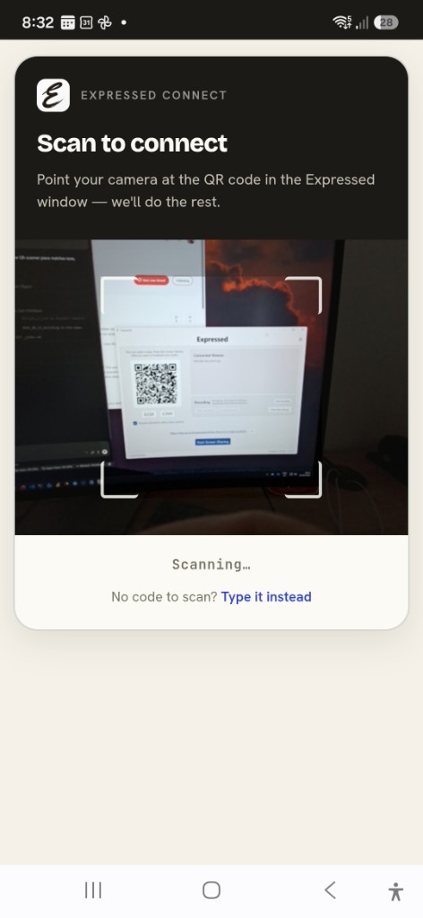 The Expressed QR scanner on a phone, pointed at the share code on a desktop.