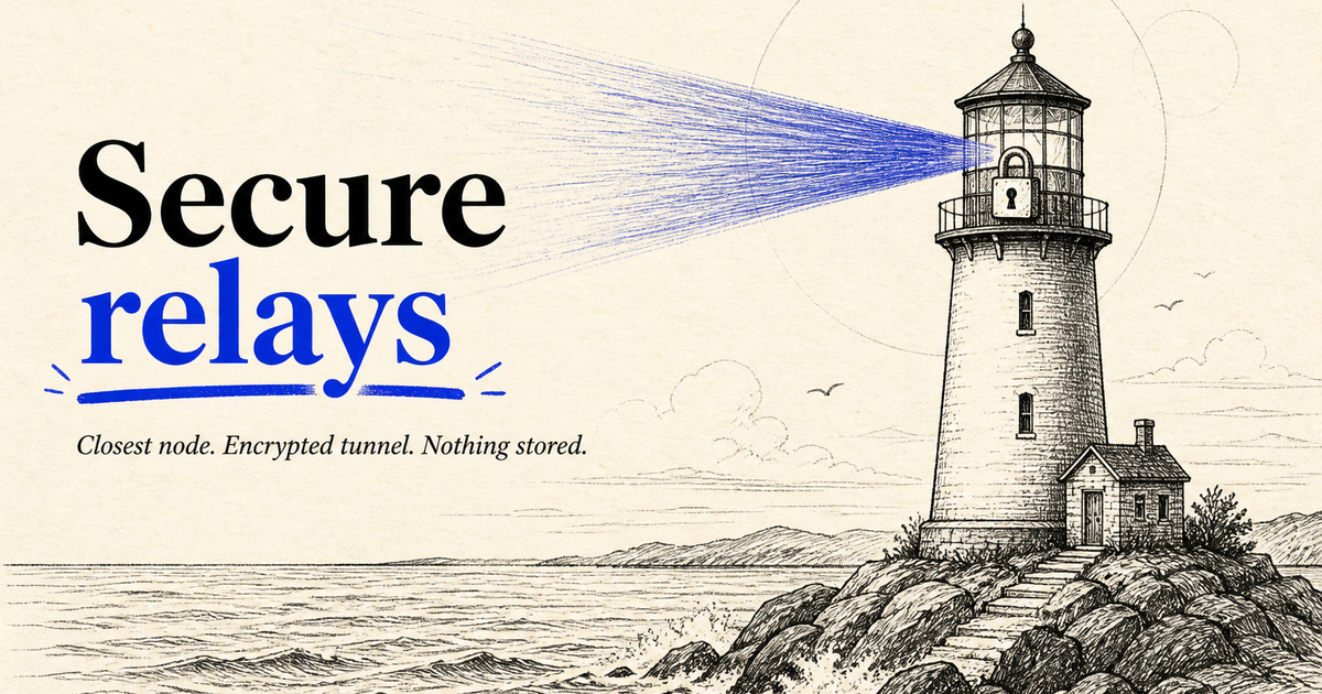 Blog cover: Secure relays. A pen-and-ink lighthouse with a padlock in the lantern and a cobalt-blue beam.