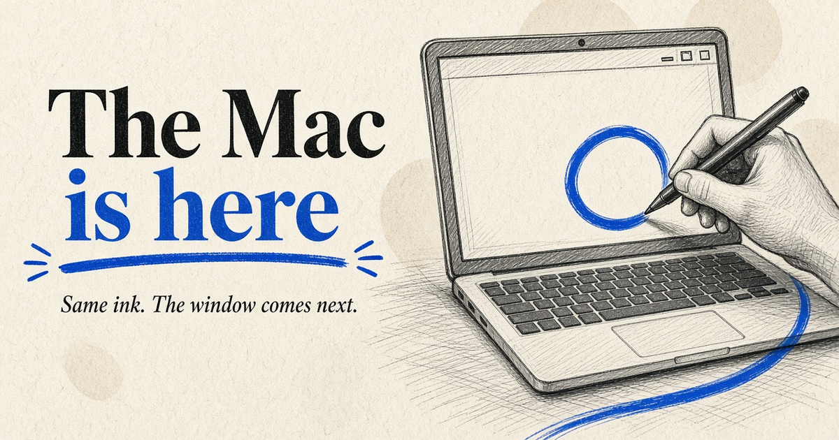 Blog cover: The Mac is here. A pencil sketch of a laptop, a hand drawing a cobalt circle that runs off the screen.